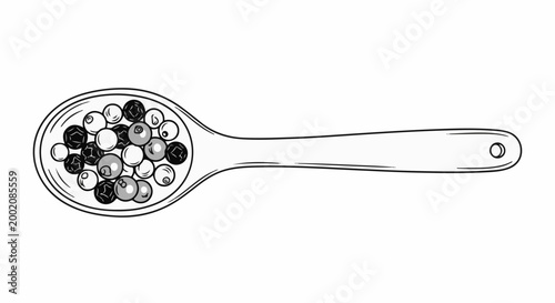 Line art drawing of a wooden spoon filled with peppercorns