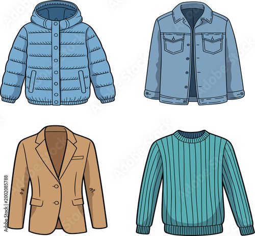 Professional vector illustration featuring a set of four different types of outerwear and winter fashion.