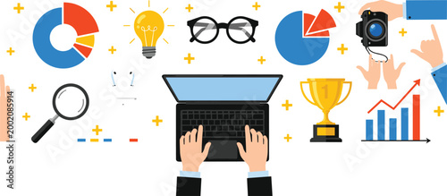 Business productivity illustration, innovation concept, laptop with icons, data analysis creativity, success achievement, editable stroke vector design