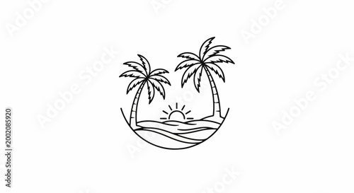 Line art of two palm trees framing a sunset over rolling hills