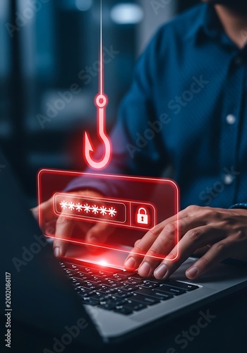 Phishing scam concept visualizing stolen login credentials and cybersecurity threat warning