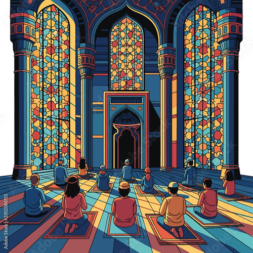 People sitting in mosque for prayer.