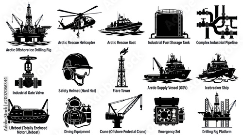 Arctic Offshore Oil  Gas Industry Icons: Rig, Helicopter, Ship, Equipment
