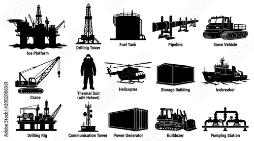Heavy Industry Oil and Gas Exploration Production Silhouette Vector Icons