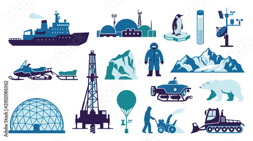 Arctic Research Expedition Equipment and Wildlife Flat Icons Set
