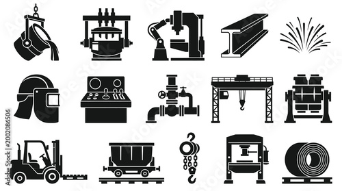 Steel Industry Metal Manufacturing Foundry Equipment Tools Glyph Icons Set