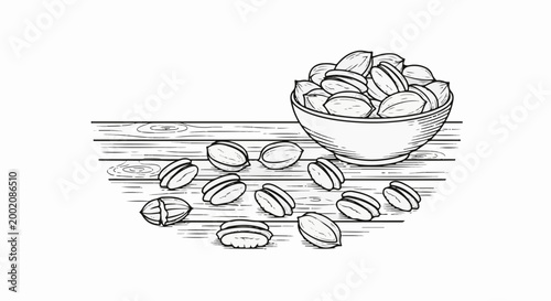 Illustration of a bowl of nuts and scattered nuts on a wooden surface