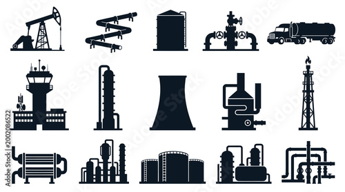 Oil and Gas Industry Icons: Petrochemical Plant, Refinery, Pump Jack, Truck