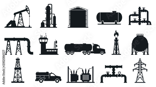 Oil and Gas Industry Icons: Pumpjack, Refinery, Tanker Truck, Pipeline, Power Tower