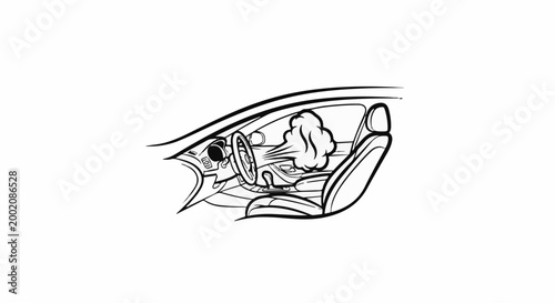 Illustration of a car's interior with airbag deployed near the steering wheel