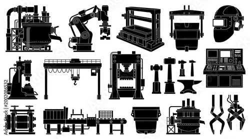 Industrial Foundry Equipment and Robotics Black and White Icons Set