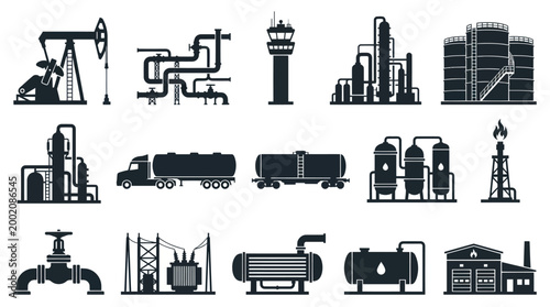 Black and White Icons of Oil and Gas Industry Equipment, Vector Graphics