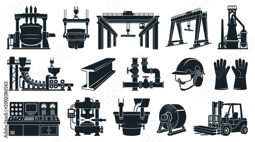 Industrial Metalworking Manufacturing Icons - Black and White Glyph Art