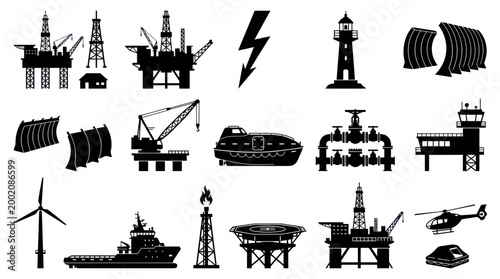 Offshore Oil and Gas Industry Icons: Platform, Crane, Ship, Helicopter, Wind Turbine, Lighthouse, Lightning