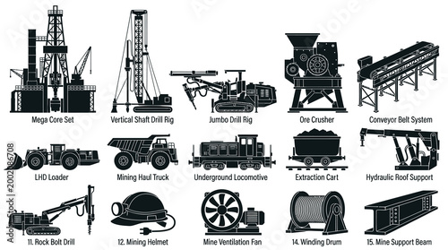 Mining Equipment Icons: Industry Technology Symbols, Black and White Vector Art