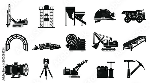 Mining Industry Glyph Icons Set. Heavy Equipment, Machinery  Tools Silhouettes