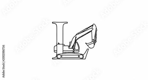 Line art sketch of a compact excavator with articulated arm and bucket extended