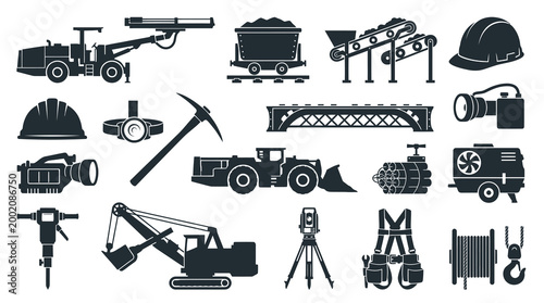 Mining Industry Icon Set: Mining Equipment, Tools, Safety Gear, Black  White Glyphs