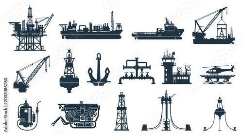 Offshore oil rig, vessel, crane, anchor, buoy, helicopter, ROV icons