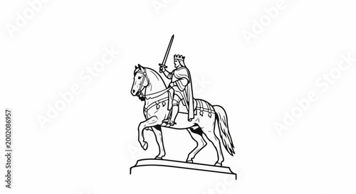Line art of a crowned man on horseback, sword raised