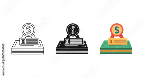 Vector graphic illustration of a stack of money with a check and a coin on top representing financial success and rewards
