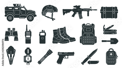 Military and Survival Tactical Gear Solid Glyph Icons Set - Army and Outdoor Equipment