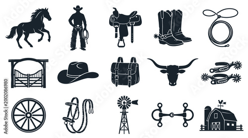 Western Cowboy Silhouettes: Horse, Saddle, Boots, Rope, Barn, Hat