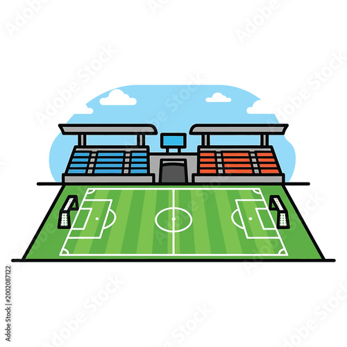 Soccer field with empty stadium seats.