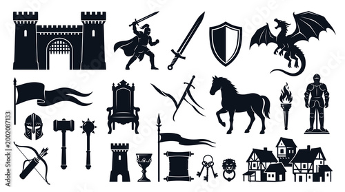 Medieval Knight Castle Dragon Shield Horse Armor Vector Icons