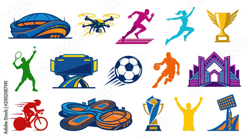 Modern Sports Icons: Stadium, Drone, Runners, Trophy, Basketball, Tennis, Cycling