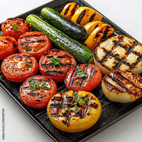 Assorted grilled vegetables including tomatoes zucchini yellow peppers onion with grill marks on black baking tray isolated on white background