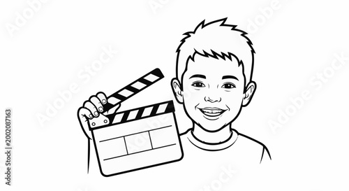 Happy boy holding a clapperboard, ready for filmmaking