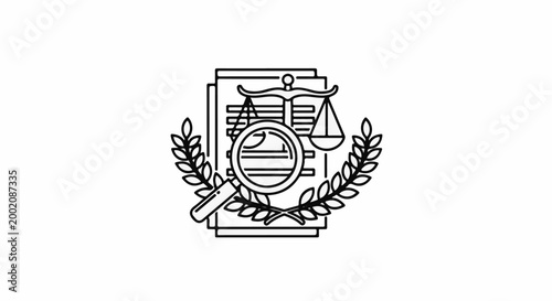 Legal document analysis with scales of justice and magnifying glass