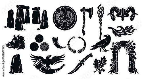 Norse Viking Symbols: Axe, Raven, Horns, Shield, Stones, Arch Vector Art