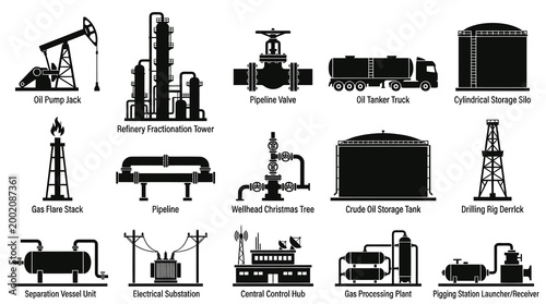Oil and Gas Industry Icons Set - Petroleum Production  Refinery Glyph Silhouettes