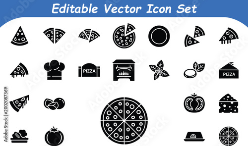 Editable vector icon set of pizza slices ingredients cooking utensils