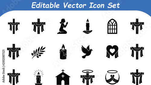 Religious christian symbols vector icon set with cross church prayer dove