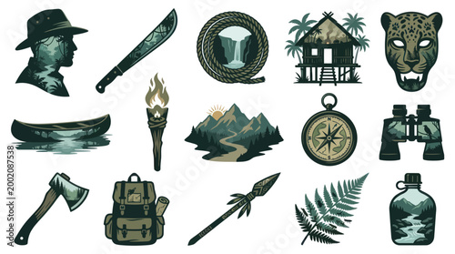 Jungle Adventure Icons: Explorer, Hut, Jaguar, Compass, Binoculars, Axe