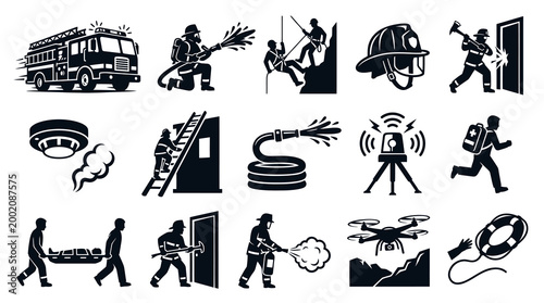 Firefighter Icons Set: Safety, Rescue, and Emergency Services Glyph Art
