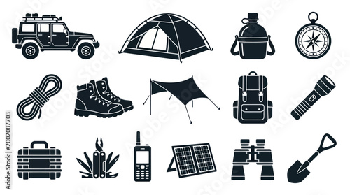 Camping Gear Icons: Outdoor Adventure Vector Set in Black and White