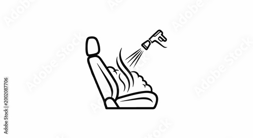 Line art icon of a car seat being cleaned with a spray nozzle