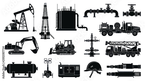 Black  White Oil and Gas Industry Equipment Vector Icons Set