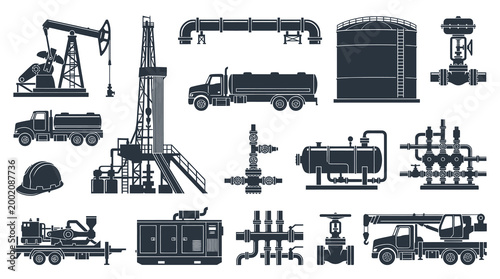 Oil and Gas Industry Equipment Icons: Glyph Style Set