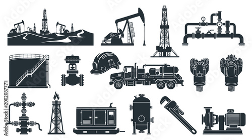 Oil and Gas Industry Icons: Drilling Rigs, Pumps, Trucks, Valves, and Tools