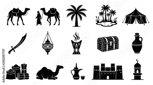 Arabian Desert Icons: Camels, Tent, Sword, Treasure Chest, Fortress, Dallah, Mosque, Black  White