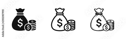 Money Bag and Coins Icon Set with Dollar Sign in Solid, Outline, and Hand-Drawn Artistic Styles