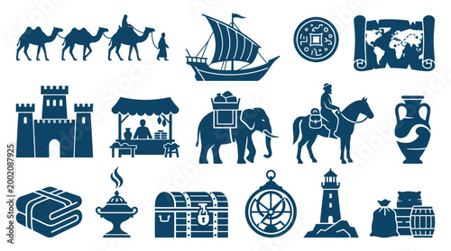 Ancient Silk Road Trade Symbols - Camel Caravan, Ship, Elephant, Horse, Map, Chest Icon