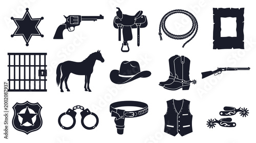 Western Cowboy Icons Set - Sheriff Badge, Gun, Horse, Boots, Lasso