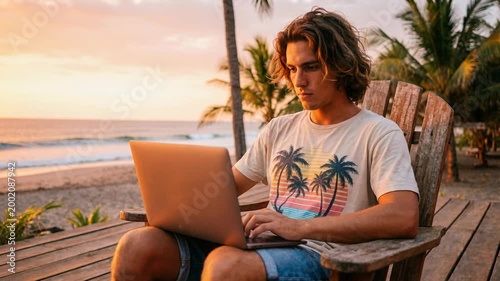 Man working on laptop at tropical beach during sunset. Freelancer sitting in wooden chair at coast. Remote work lifestyle, nomad digital business concept.