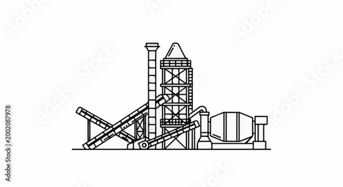 Industrial cement production facility with silos, conveyors, and mixer